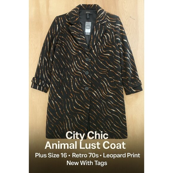 City Chic Animal Lust Coat Jacket Plus Size 16 Retro 70s Style Leopard Print NWT - Picture 1 of 13